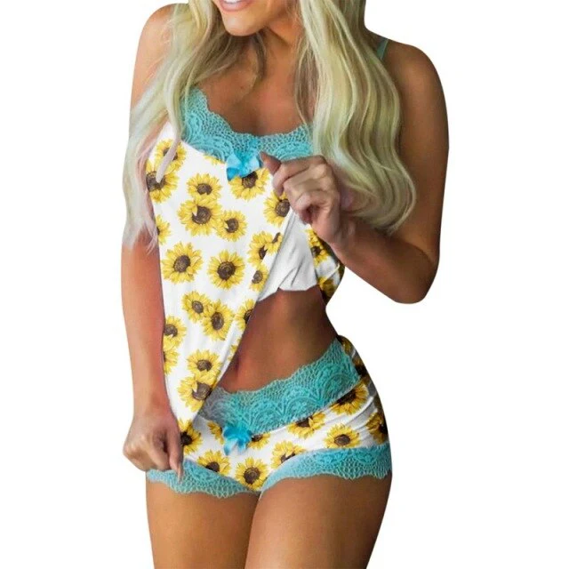 Spaghetti Strap Lace Pajama Set Sleeveless Trim Pyjamas Sleep Shorts Set Lace Pijama Suit Sleepwear Women Sexy Nighties Homewear - Deanwangkt