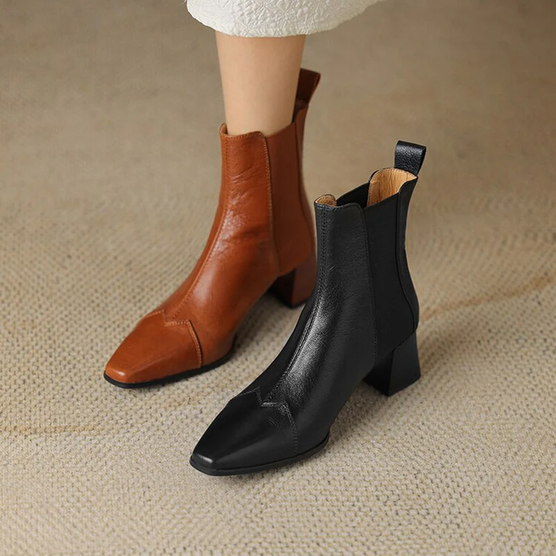 deanwangkt  Autumn Shoes   Autumn Women Boots Square Toe Chunky Heel Short Boots Women Genuine Leather Shoes for Women Slip-on Boots Pleated Ladies Shoes - Deanwangkt
