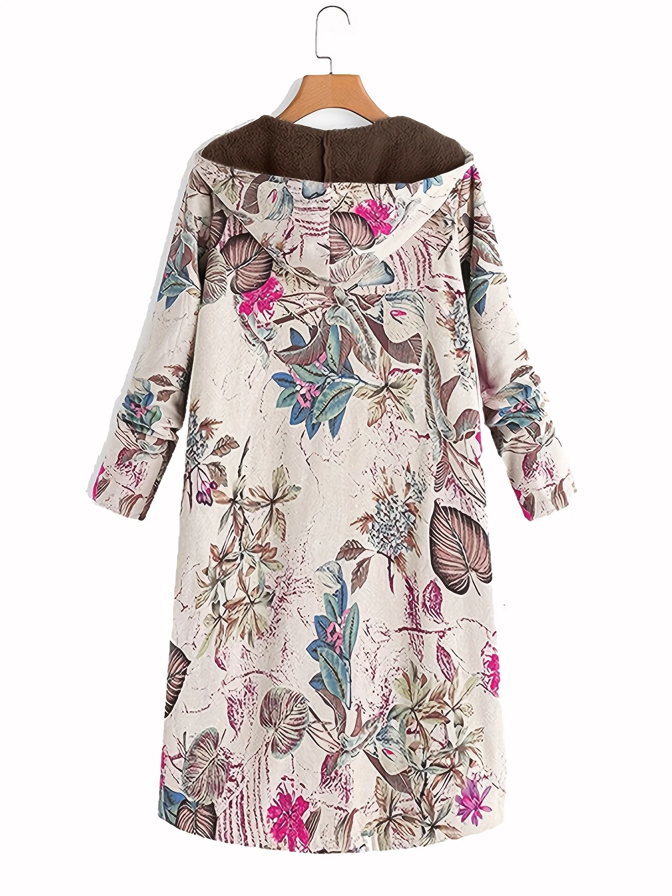 deanwangkt Floral Print Pocket Hooded Coat, Casual Longline Long Sleeve Thermal Coat For Fall & Winter, Women's Clothing - Deanwangkt