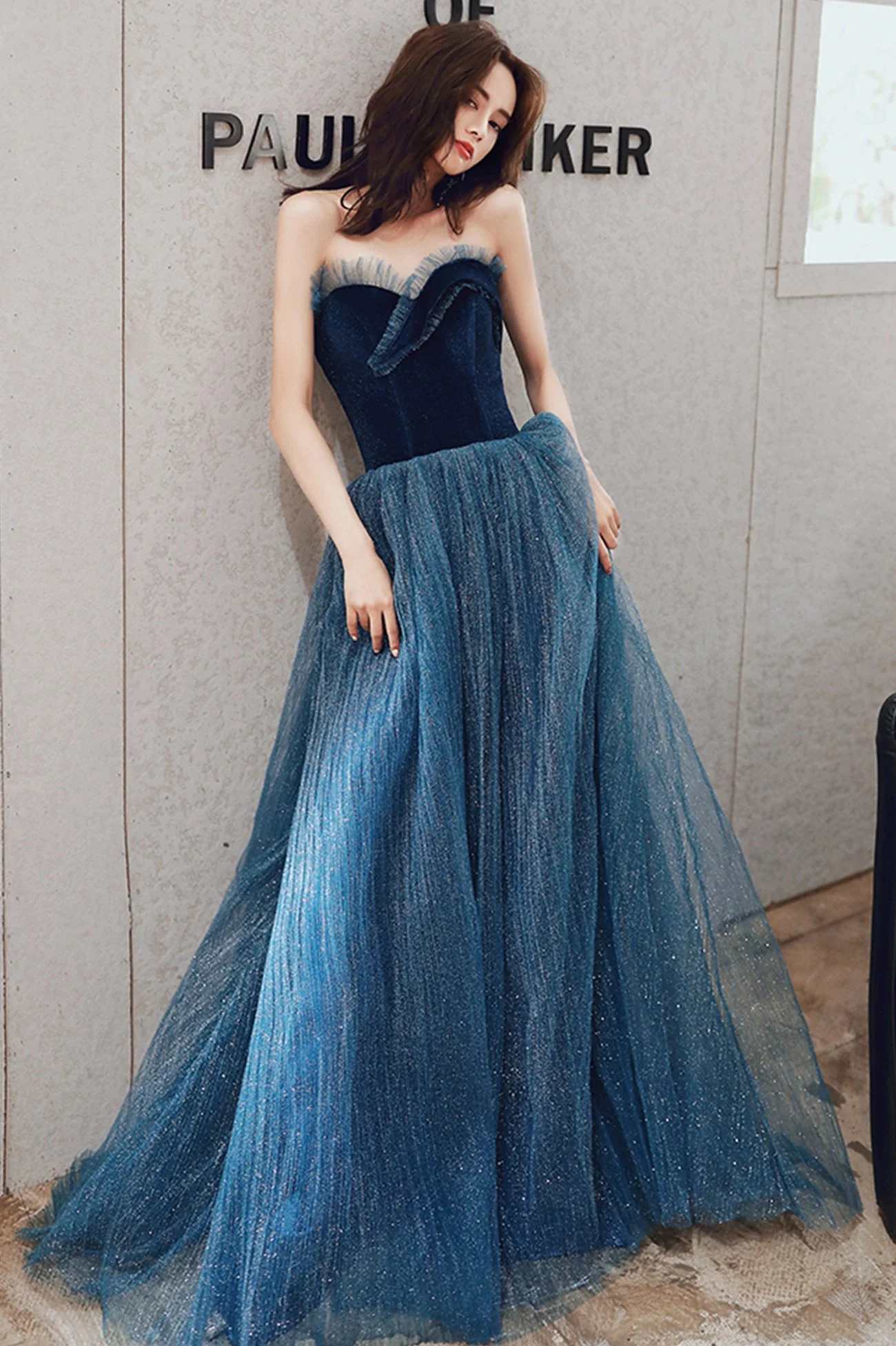 solvbao Blue Velvet Tulle Long Formal Evening Dresses, A-Line Graduation Dresses - Deanwangkt
