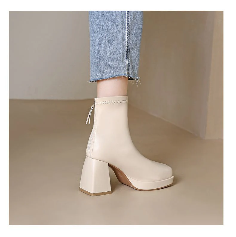 deanwangkt New Autumn Winter Leather Short Boots Women Square High Heel Women Shoes Zipper All Match Ankle Boot Female Platform Shoes - Deanwangkt