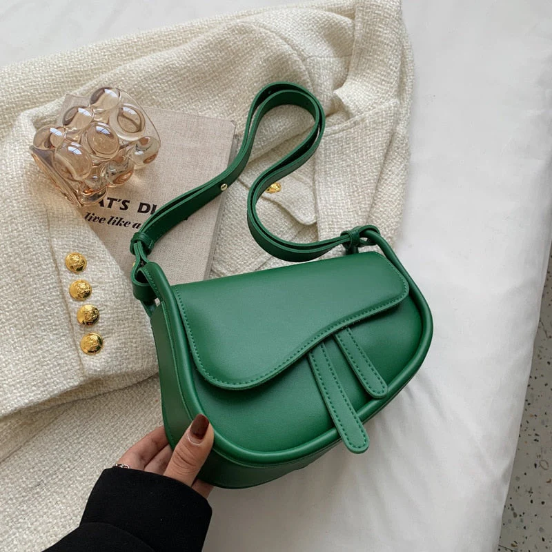 deanwangkt Fashion Leather Saddle Bag Woman Flap Handbag New Shoulder Bags Solid Color  High Quality Luxury Small Purses All-Match - Deanwangkt