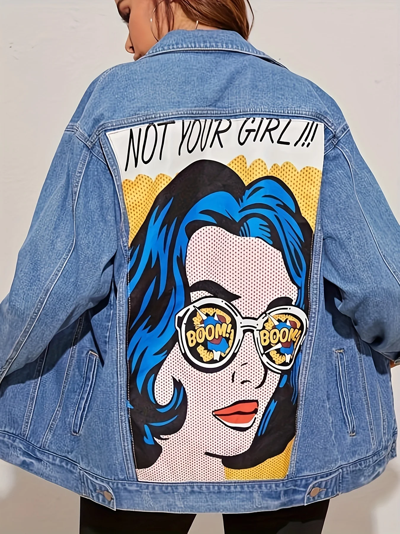 Figure & Letter Print Denim Jackets, Washed Long Sleeves Street Style Lapel Denim Coats, Women's Denim Clothing - Deanwangkt