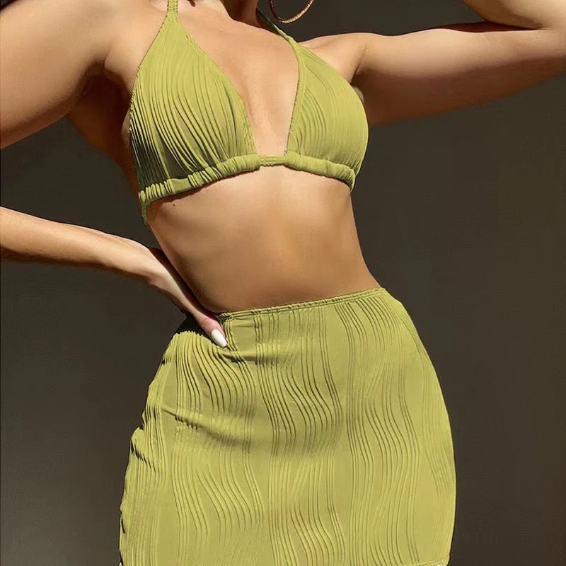 New 3 Pieces Bikini Set Women Sexy Micro Swimsuit With Skirt Striped Swimwear Female Bather Bathing Suit Swim Beachwear - Deanwangkt