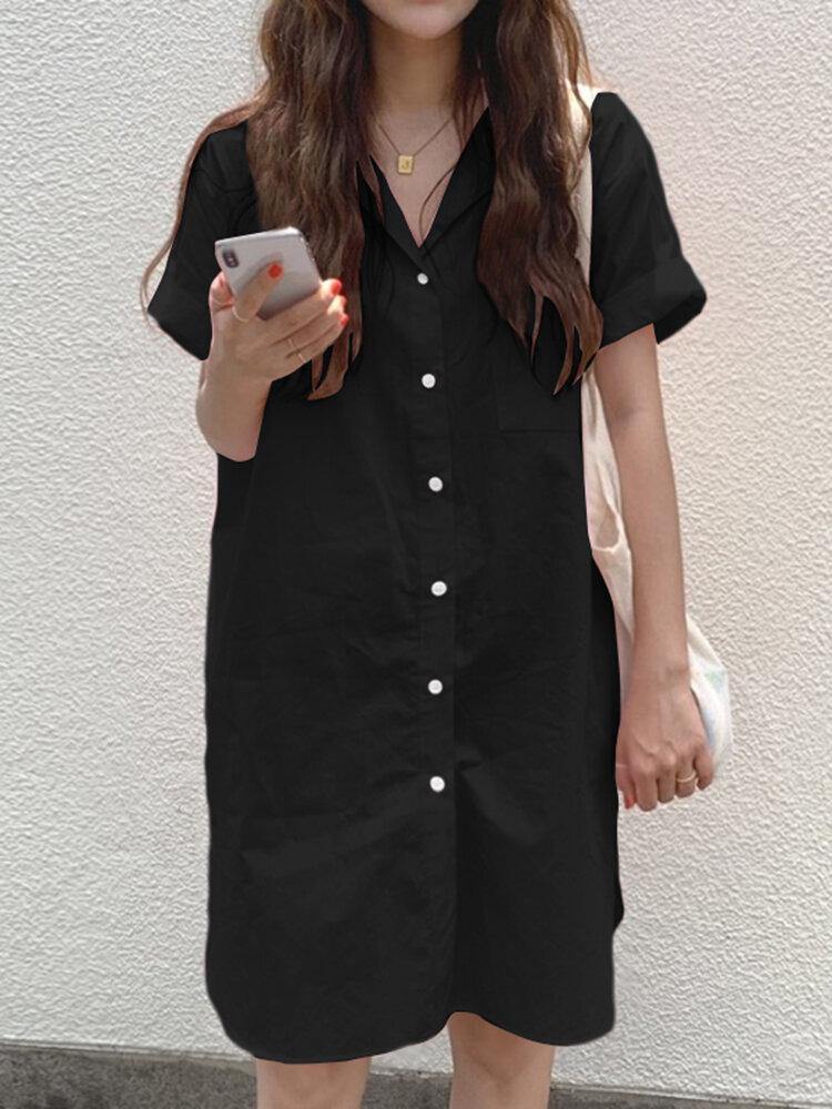 deanwangkt Solid Casual Lapel Short Sleeve Button Shirt Dress With Pocket - Deanwangkt
