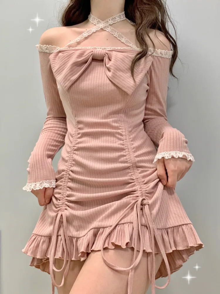 deanwangkt Korean Style Party Mini Dresses Women Japanese Off Shoulder Sexy Kawaii Dress Female Long Sleeve Lace Kawaii Lolita Dress Autumn - Deanwangkt