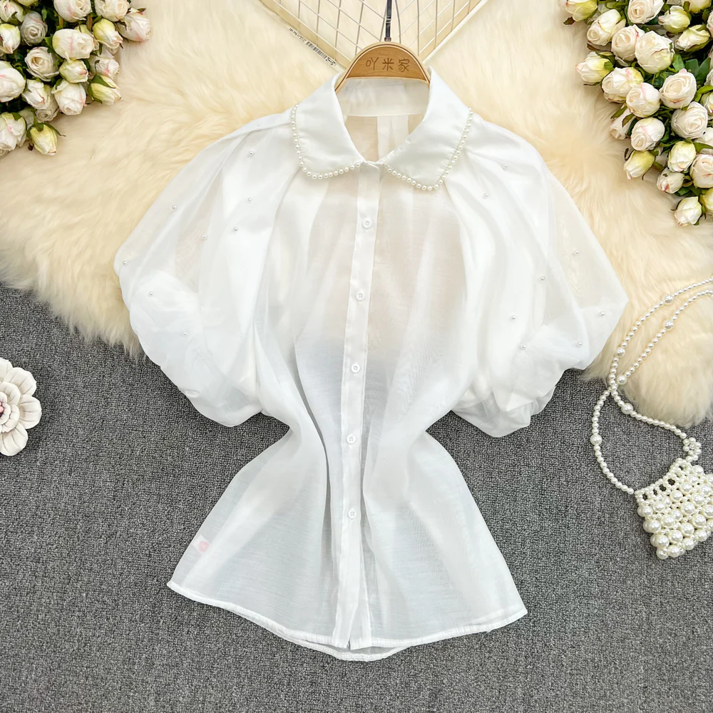 deanwangkt Korean Chic Elegant Lace Sweet Women Blouses Vintage O Neck Long Sleeve Perspective Female Shirts OL Blusas Mujer - Deanwangkt