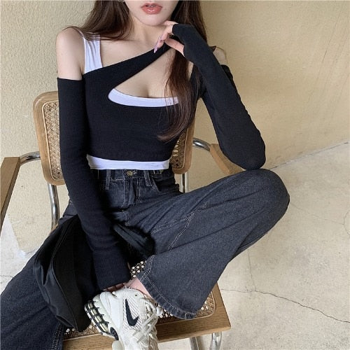 Wenkouban Sexy Patchwork Long Sleeve T-Shirts Women Slim Fit Fashion Crop Tops Hot Girls Irregular Skinny Elegant Casual Off-Shoulder Tees - Deanwangkt