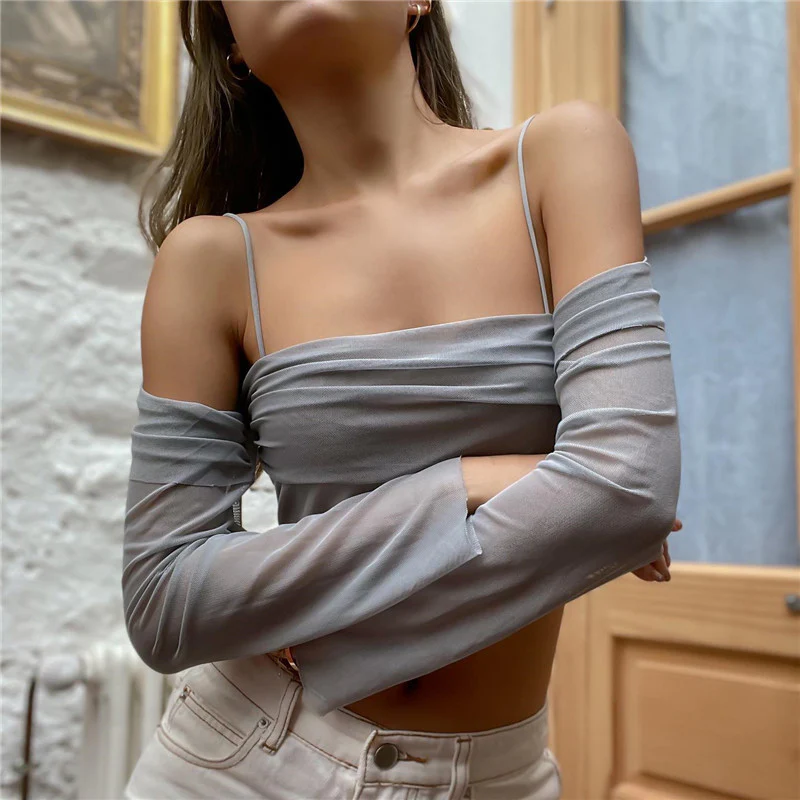 deanwangkt Gray Solid Slash Neck Elegant Sexy Mesh Tops Women Spaghetti Strap Chic Shirring Long Sleeve Slim Cropped Blouse Shirts - Deanwangkt