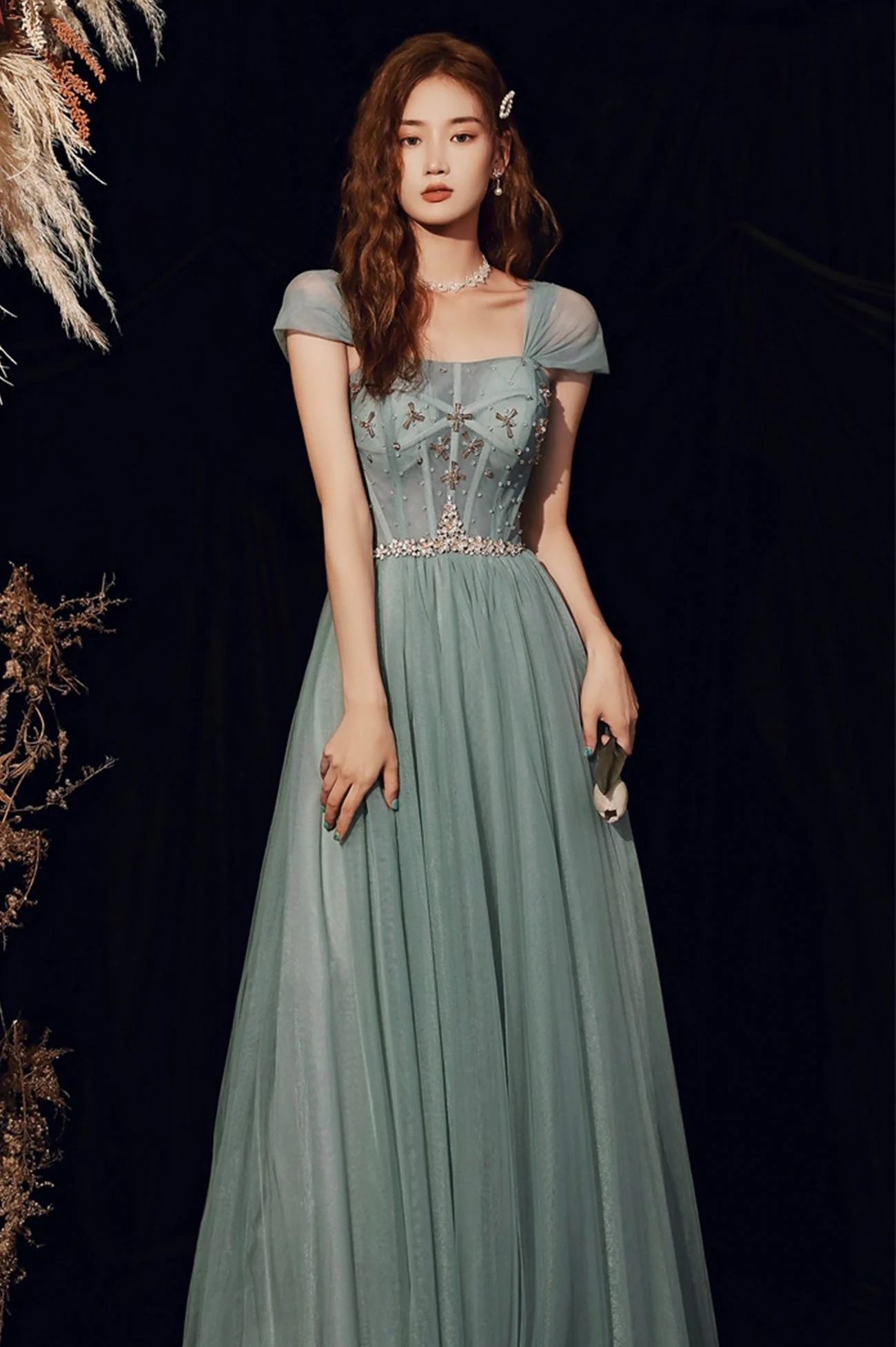 solvbao Beautiful Tulle Beaded Long Prom Dress,  A-Line Evening Dress - Deanwangkt