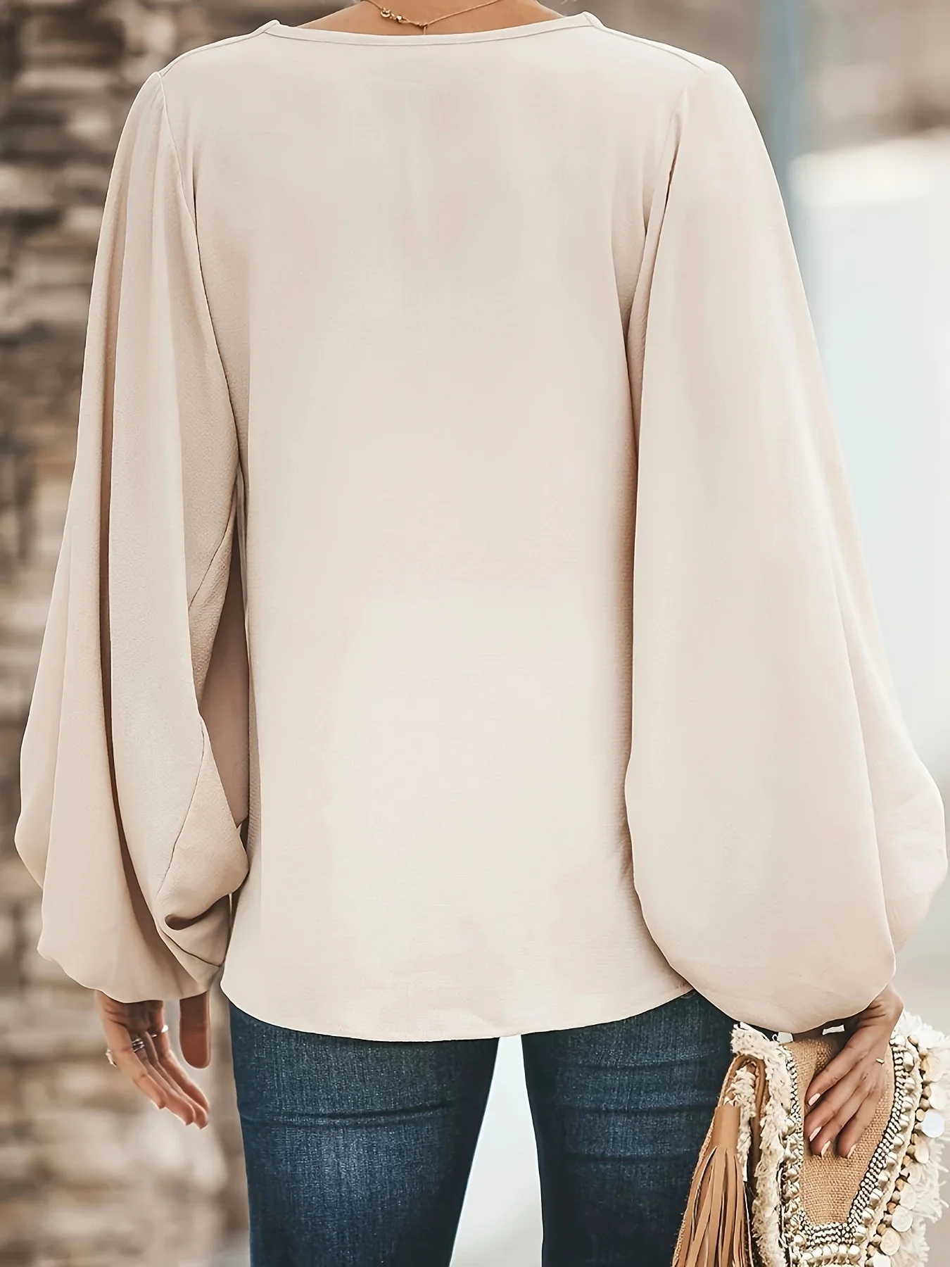 Solid V Neck Blouse, Elegant Lantern Sleeve Blouse For Spring & Fall, Women's Clothing - Deanwangkt