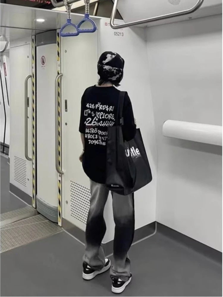 deanwangkt Spliced Jeans With Old Zippers, High Street Insets, Trendy Gradient Straight Tube Loose Wide Leg Pants, Children's Jeans - Deanwangkt