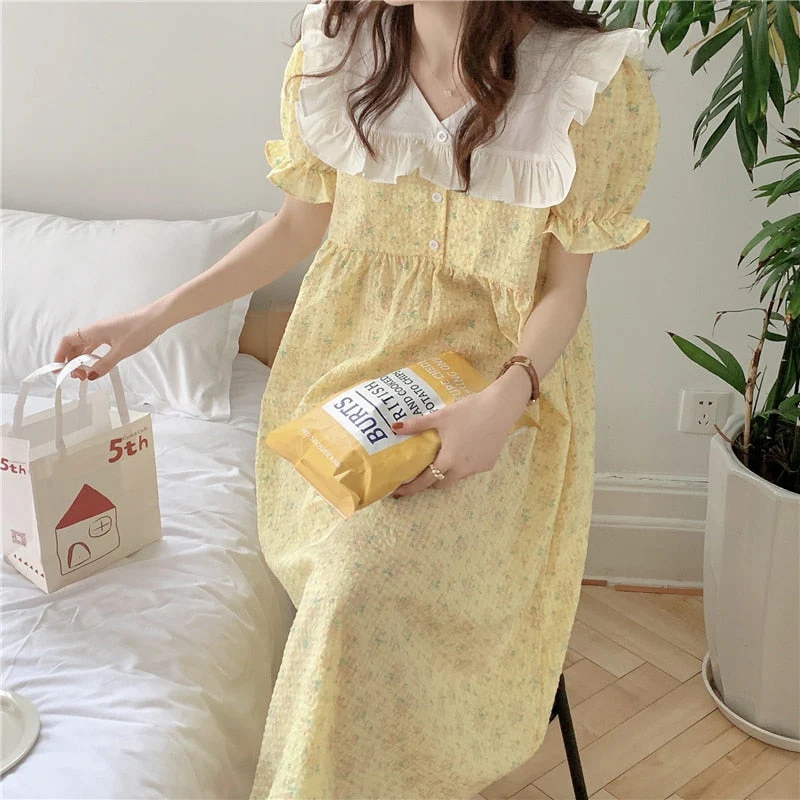 deanwangkt Ruffles V-Neck Summer Pajamas Set Women Short Sleeve Sweet Blouse + Shorts Suit Cotton Sleepwear Flowers Plaid Homewear - Deanwangkt