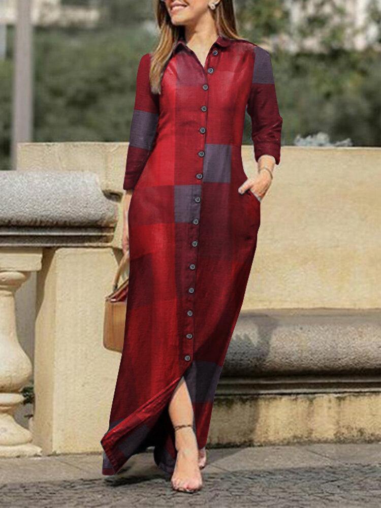 deanwangkt Plaid Print Lapel Button Long Sleeve Shirt Maxi Dress - Casual Style for Women - Deanwangkt