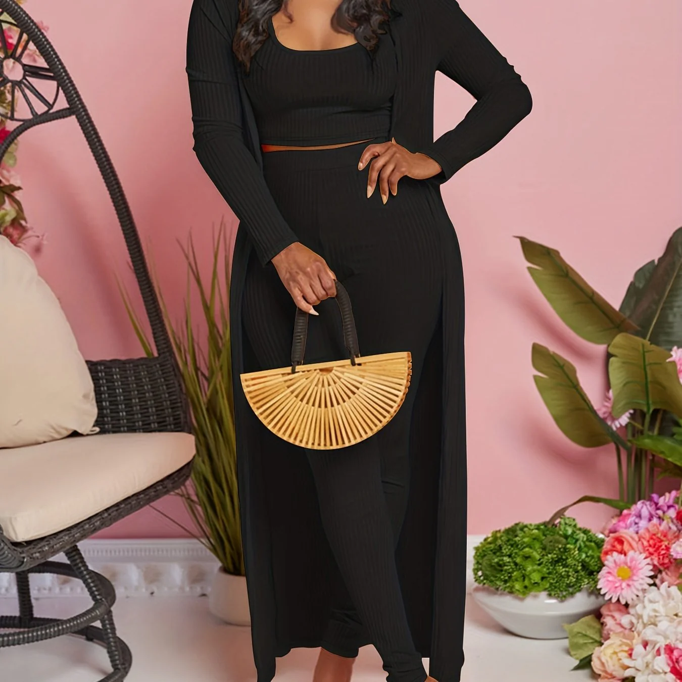 deanwangkt-1  Solid Ribbed Three-piece Set, Crop Tank Top & Slim Pants & Long Sleeve Cardigan Outfits, Women's Clothing - Deanwangkt