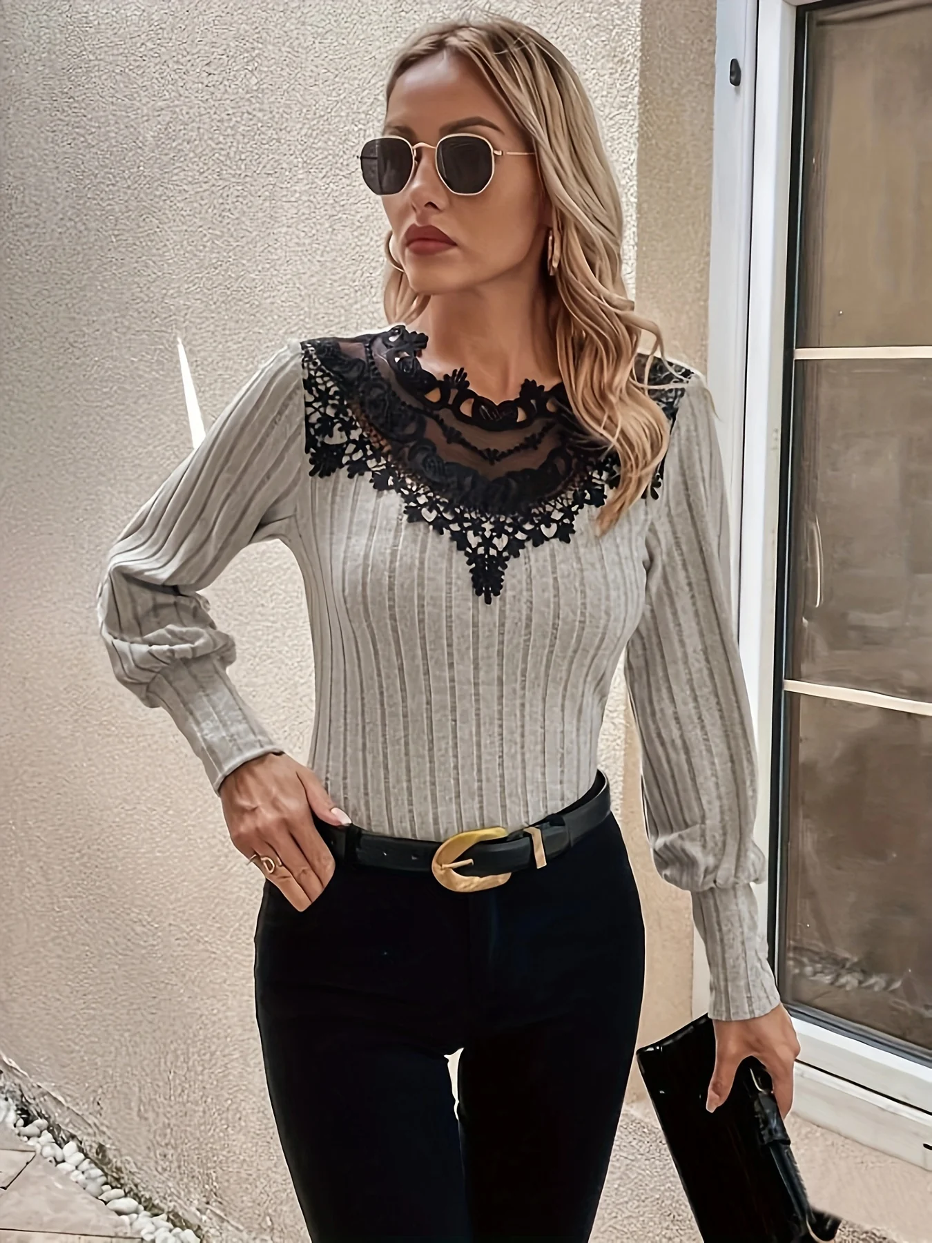 deanwangkt-1 Lace Stitching Ribbed T-Shirt, Elegant Long Sleeve Top For Spring & Fall, Women's Clothing - Deanwangkt