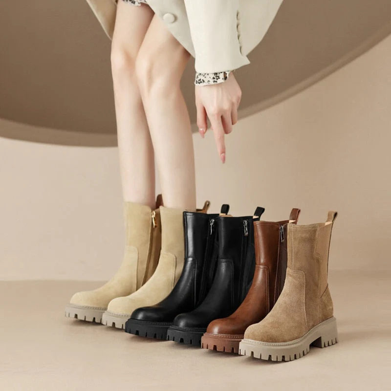 deanwangkt Autumn Shoes    NEW Autumn Shoes Women Chelsea Boots Round Toe Thick Heel Short Boots Cow Suede Boots for Women Winter Platform Shoes for Women - Deanwangkt