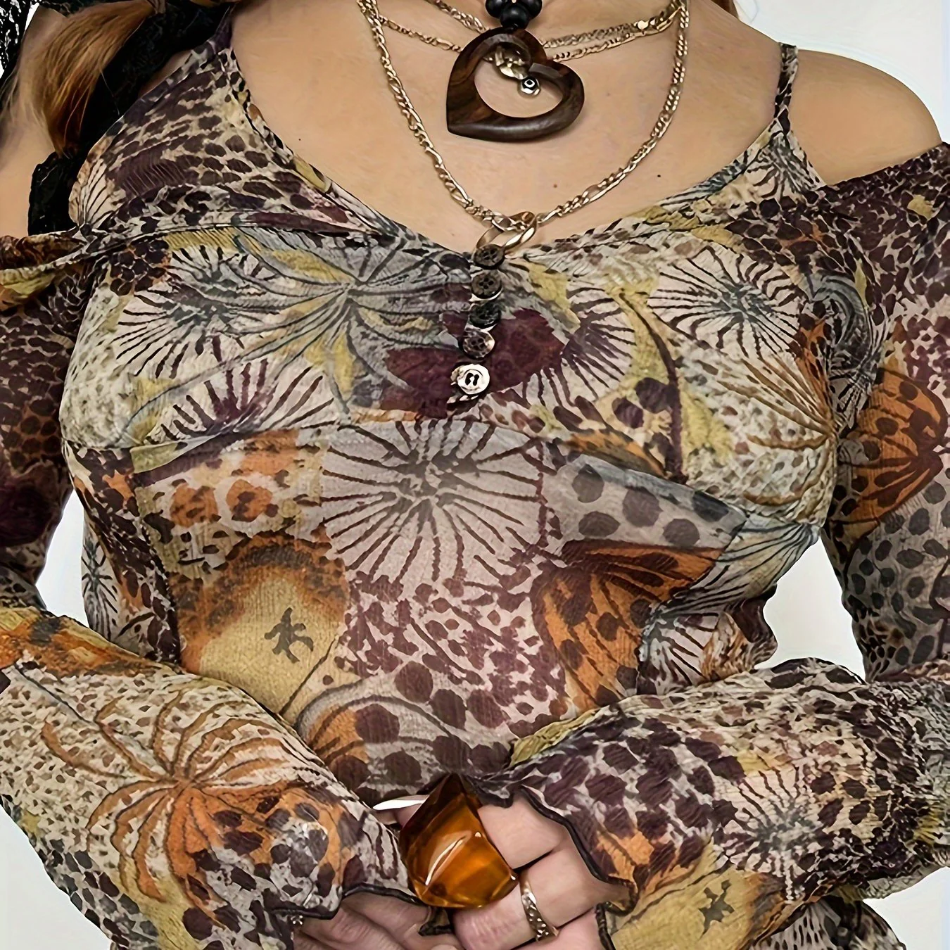 deanwangkt-1 Allover Print Cold Shoulder T-Shirt, Y2K Long Sleeve T-Shirt For Spring & Fall, Women's Clothing - Deanwangkt