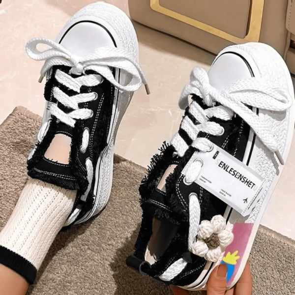 deanwangkt - Black Casual Daily Patchwork Frenulum Contrast Round Comfortable Out Door Shoes - Deanwangkt
