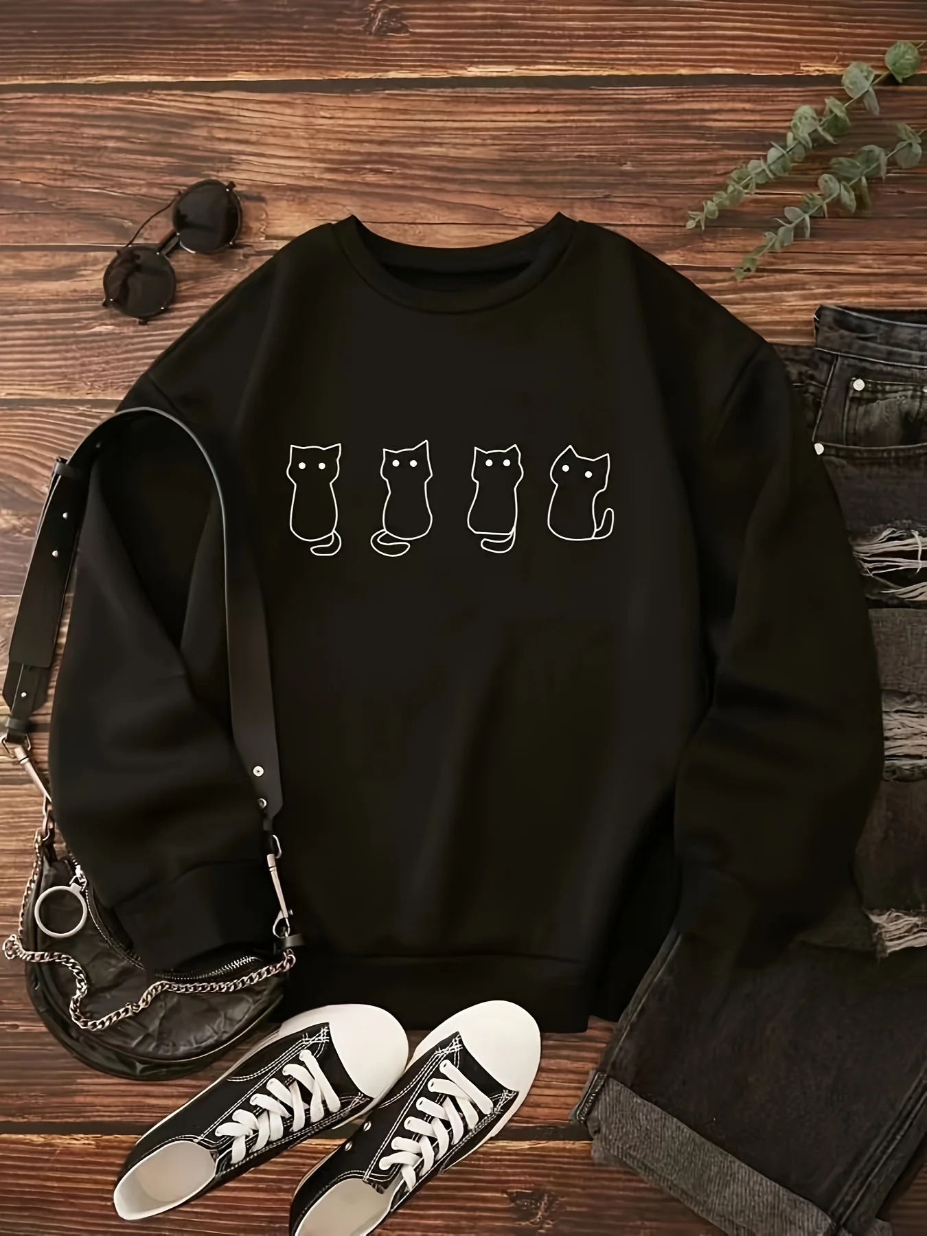 deanwangkt  Cat Print Pullover Sweatshirt, Casual Long Sleeve Crew Neck Sweatshirt For Fall & Winter, Women's Clothing - Deanwangkt