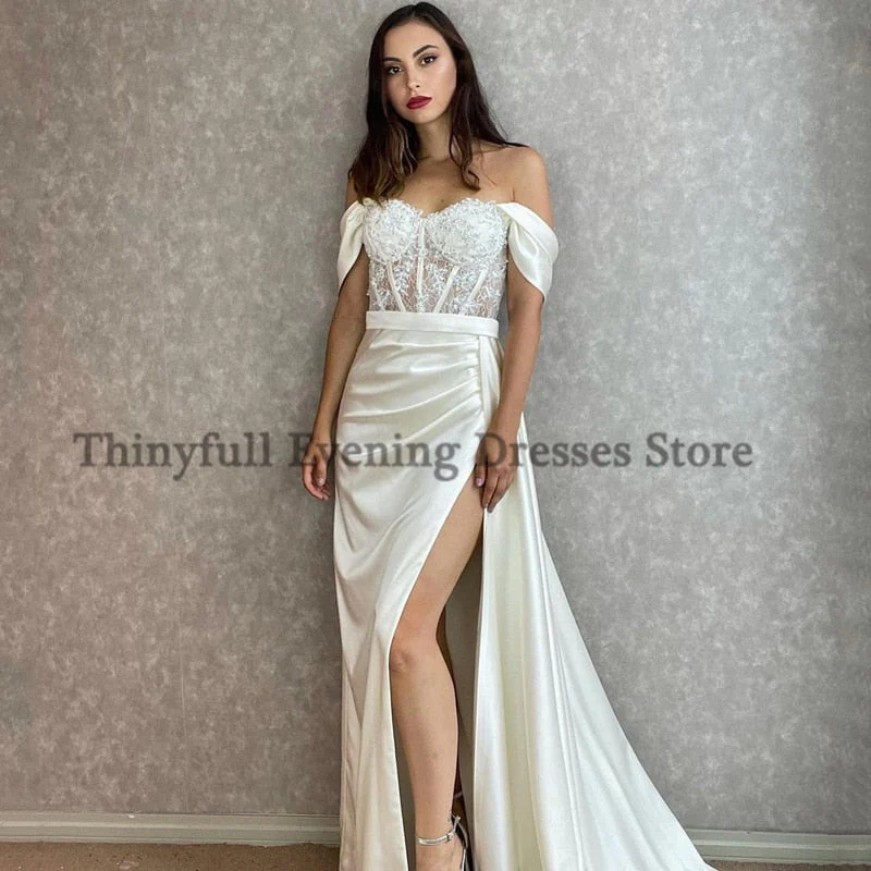 Graduation dress Sexy Prom Evening Dresses Off Shoulder Appliques Party Dress High Split Floor Length Cocktail Gowns Saudi Arabia Dubai - Deanwangkt