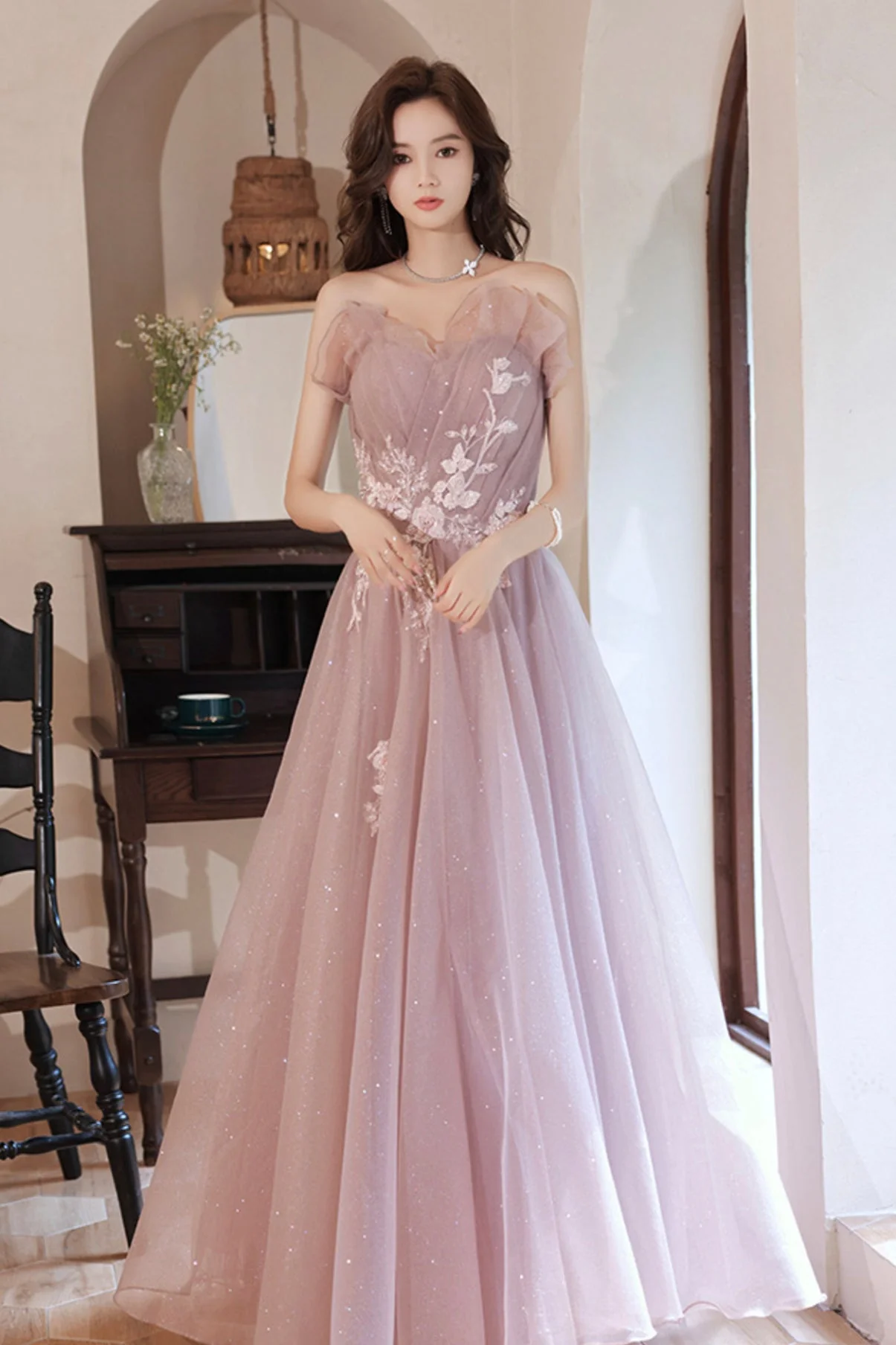 solvbao Pink Tulle Lace Long Prom Dresses, A-Line Evening Dresses - Deanwangkt