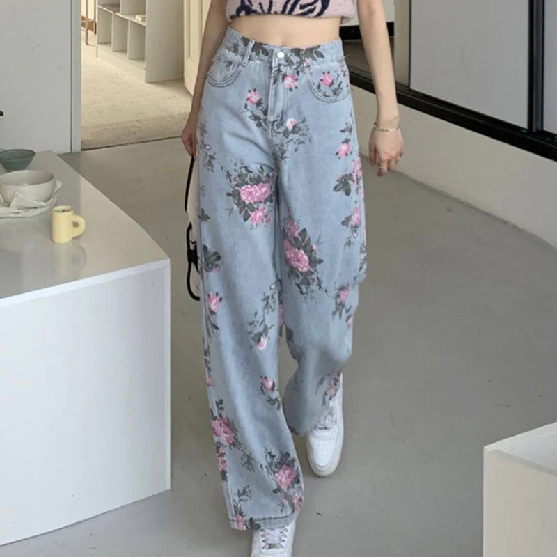 DEANWANGKT  Spring Fashion Women Rose Print Jeans Women Design Loose High Waist Straight Wide Leg Pants - Deanwangkt