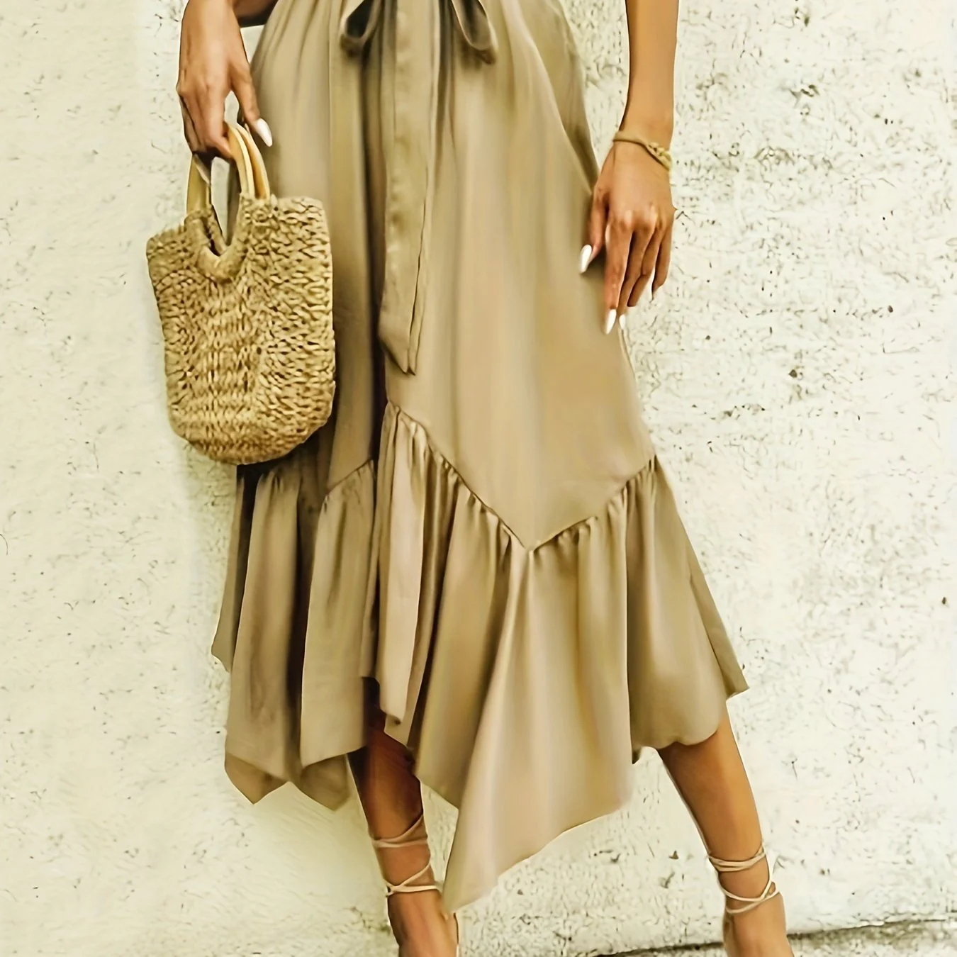 deanwangkt-1 Y2K Lace Up Ruffle Hem Skirt, Fashion Solid High Waist Skirt, Casual Every Day Skirts, Women's Clothing - Deanwangkt