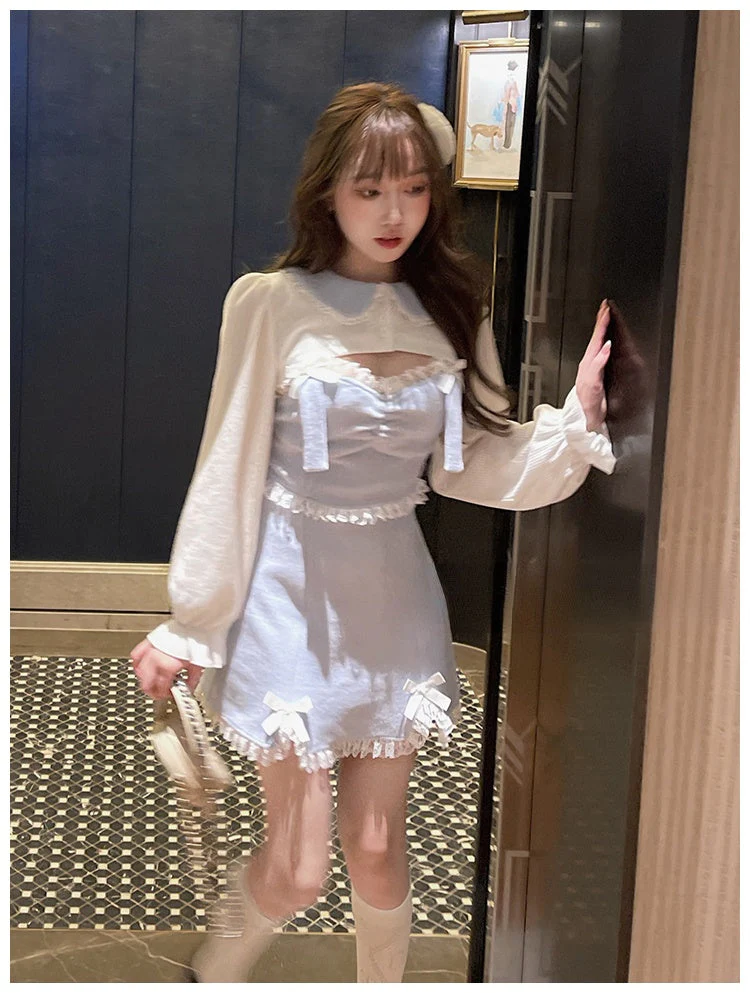 deanwangkt Lace Japanese Sweet Lolita Dress Women Bow Pink Kawaii Party Mini Dresses Female Blue Princess Korean Fashion Dresse Winter - Deanwangkt
