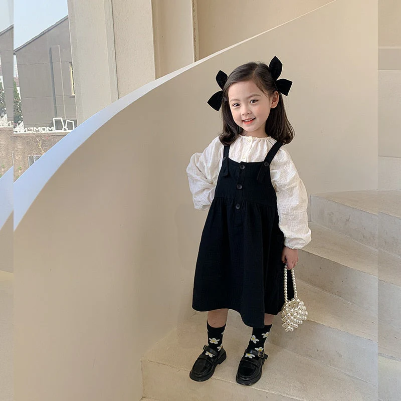 deanwangkt Girls spring fashion white blouse and black overalls dress Kids all-match Outfits 2pcs sets - Deanwangkt