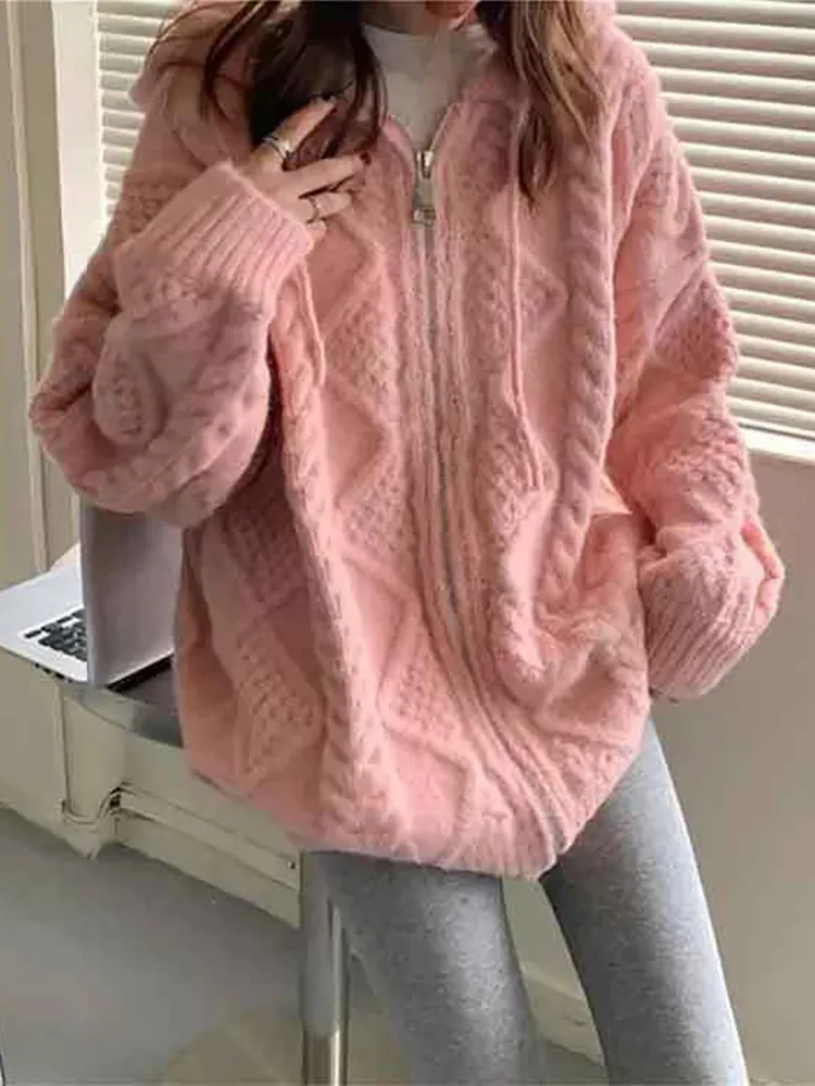 deanwangkt Korean Fashion Knit Cardigan Women Autumn Winter Casual Loose Zipper Hooded Thick Sweater Coat Long Sleeve Pink Top - Deanwangkt
