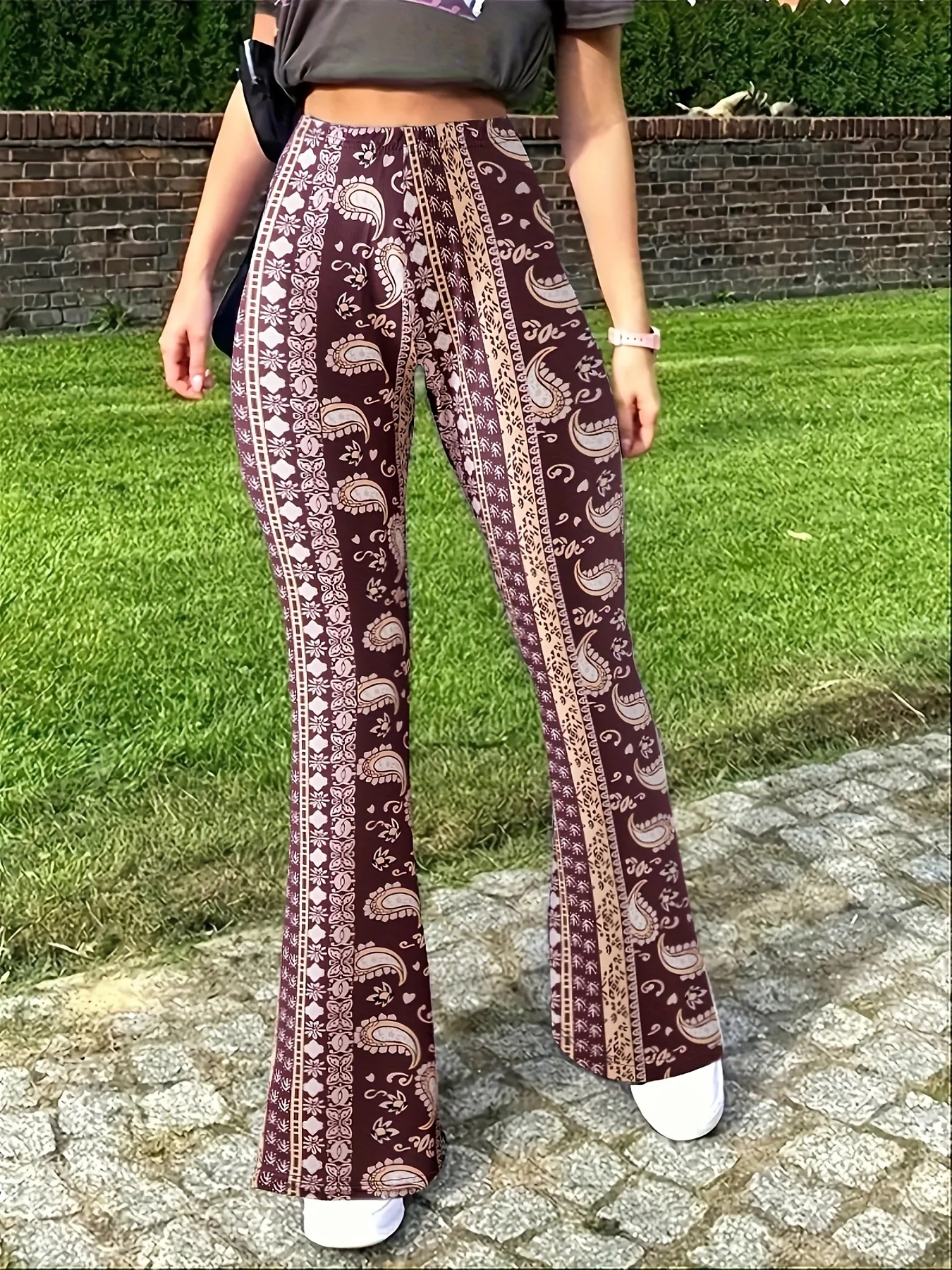 deanwangkt-1  Paisley Print Slim Stretchy Waist Pants, Sexy Flare Pants For Spring & Summer, Women's Clothing - Deanwangkt