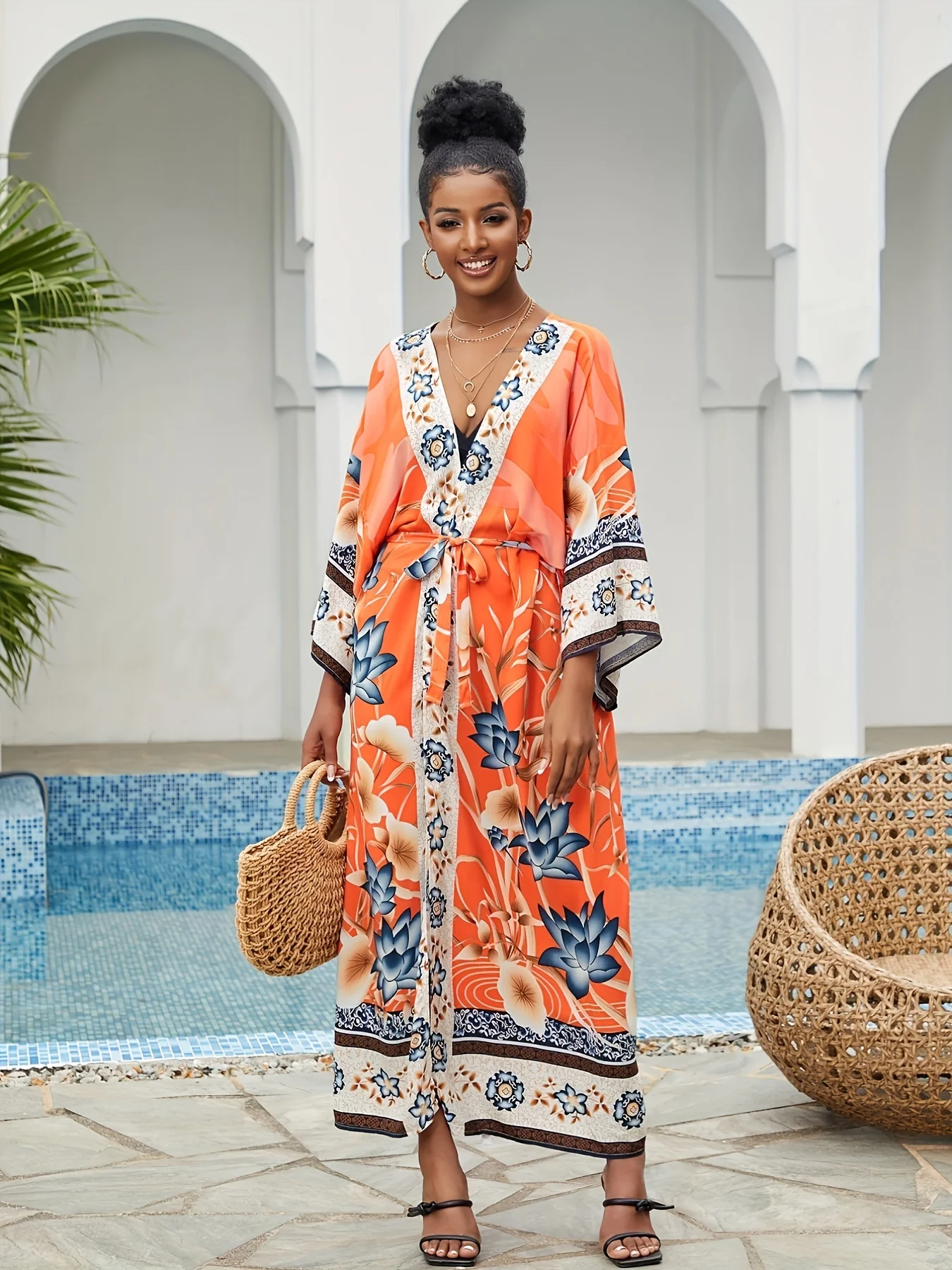 Geo Print Open Front Belted Kimono, Boho Long Sleeve Beachwear Cove Up, Women's Clothing - Deanwangkt