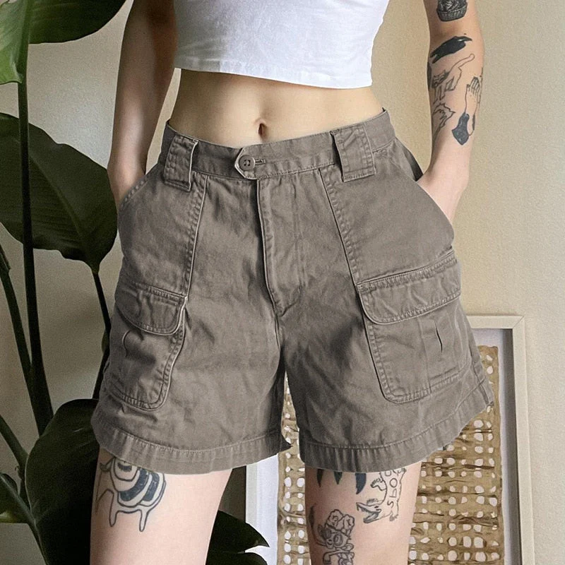 deanwangkt Y2K Summer Women Vintage Streetwear Korean Knee Length Wide Leg Baggy Cargo Pockets Low Waist Sporty Grunge Shorts Pants Women - Deanwangkt