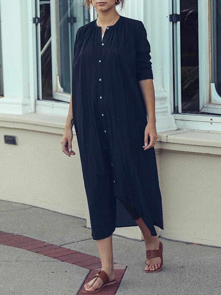 deanwangkt Casual Solid Plain Long Sleeve Button Cotton Shirt Dress - Deanwangkt