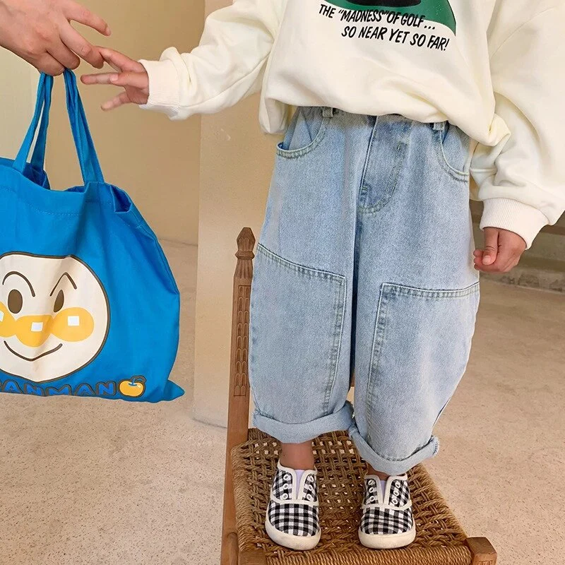 deanwangkt Children jeans  Korean style New Spring boys fashion straight denim pants baby girls loose solid color all-match jeans 1-6Y - Deanwangkt
