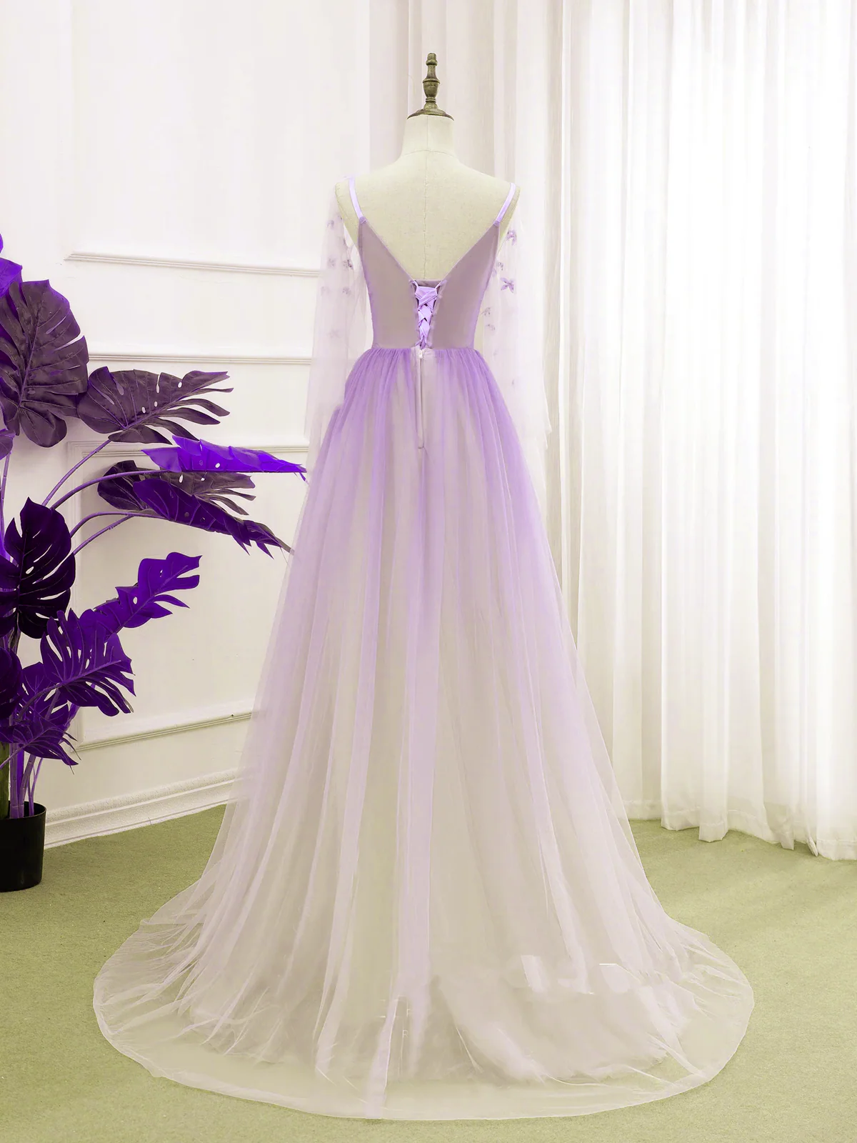 Solvbao Beautiful Purple Gradient Tulle Long Sleeves Party Dress, A-line Tulle Formal Dress - Deanwangkt