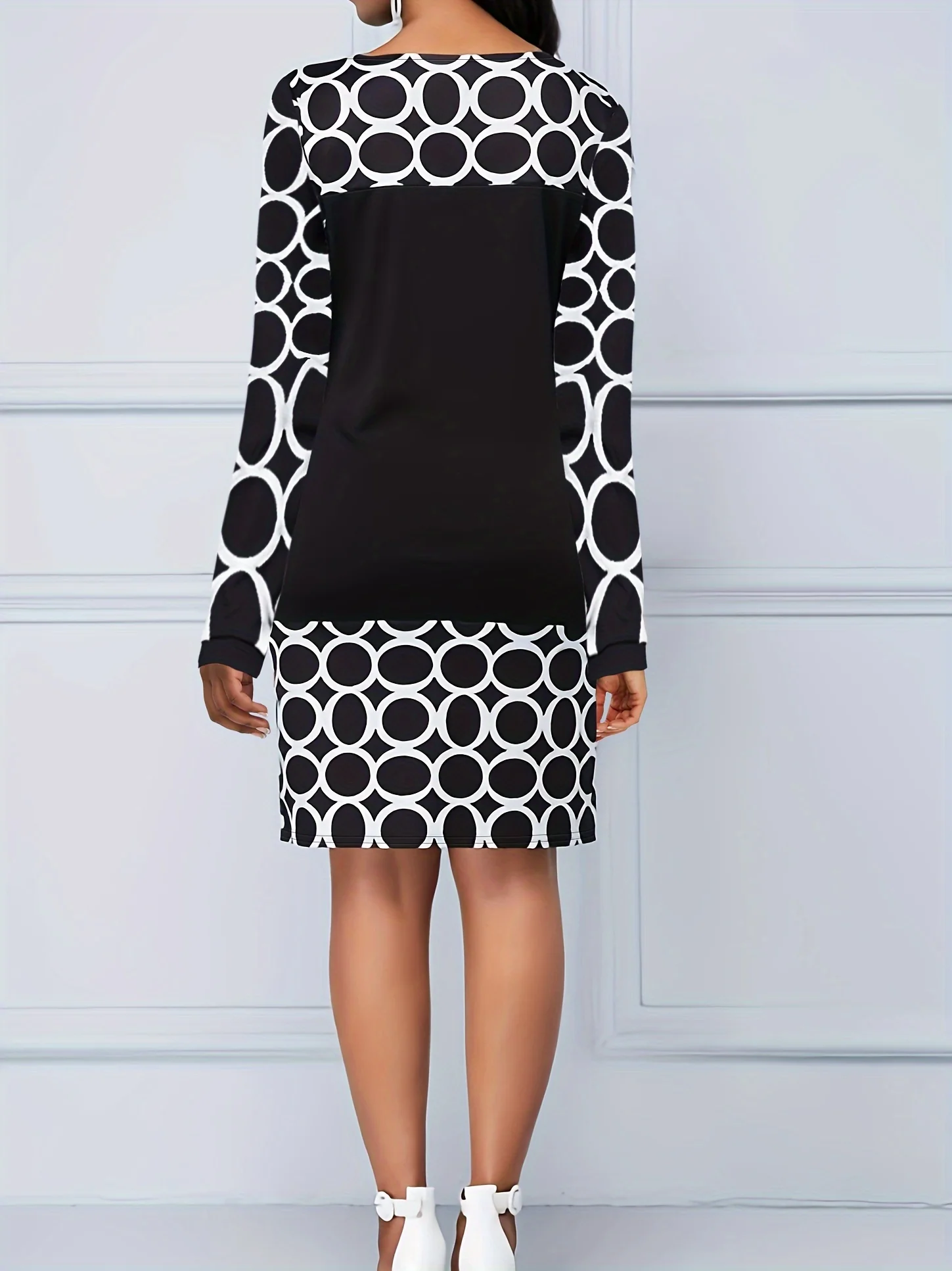 Geo Print Long Sleeve Dress, Elegant Boat Neck Mini Dress, Women's Clothing - Deanwangkt