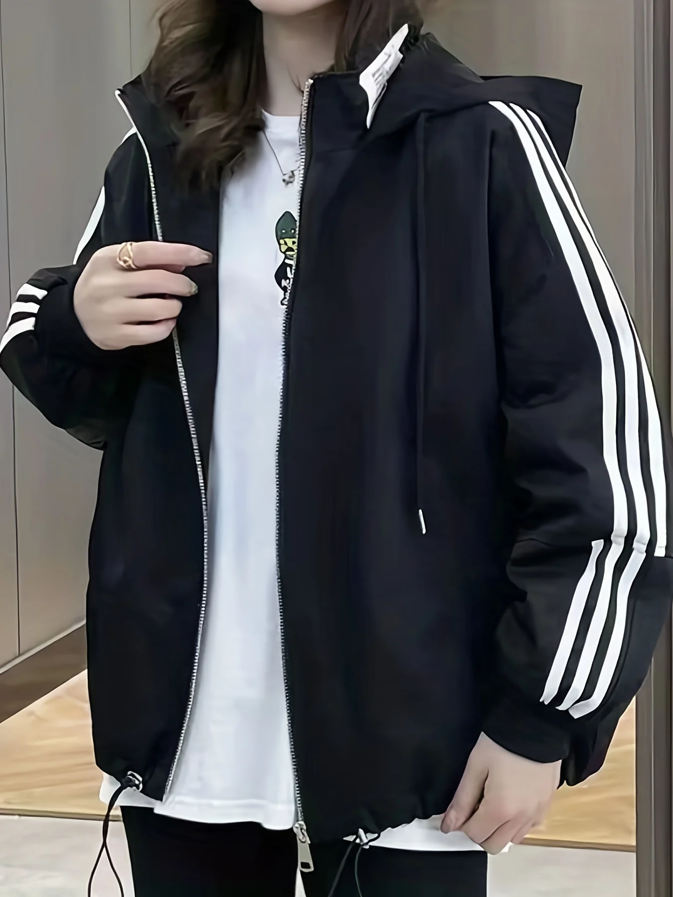 deanwangkt-1 Striped Print Zip Up Jacket, Casual Drawstring Hooded Jacket, Women's Clothing - Deanwangkt