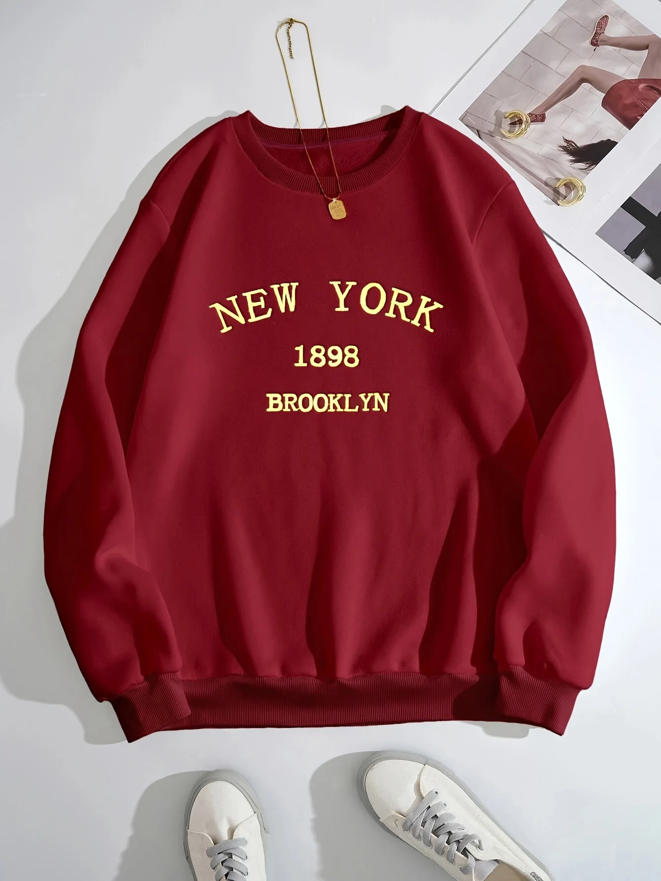 deanwangkt  New York & Brooklyn Letter Print Crew Neck Sweatshirt, Long Sleeve Pullover Sports Top, Women's Clothing - Deanwangkt