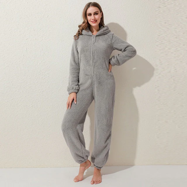 Winter Warm Pyjamas Women Onesies Fluffy Fleece Jumpsuits Sleepwear Overall Plus Size Hood Sets Pajamas For Women Adult - Deanwangkt
