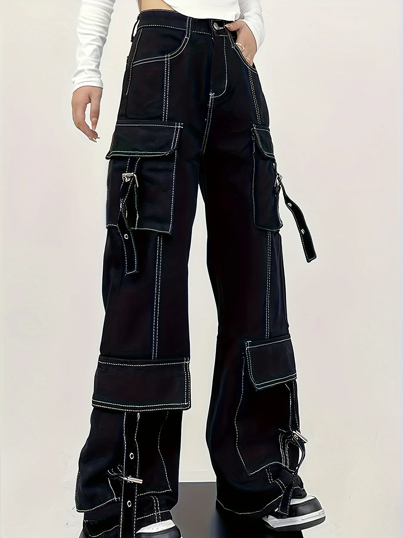 deanwangkt-1 Flap Pockets Chic Cargo Pants, Loose Fit Non-Stretch Wide Legs Jeans, Women's Denim Jeans & Clothing - Deanwangkt