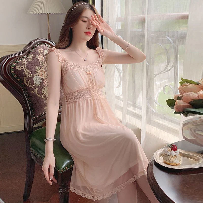 Sleepwear Women Nightwear Women's Sweet New Summer Long-sleeved Sexy Lace Home Clothes Night Gown Sleep Dress - Deanwangkt