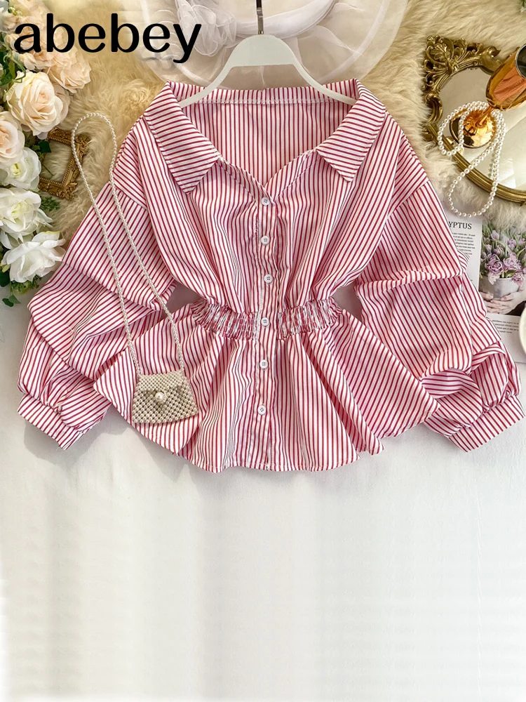 deanwangkt Vintage Shirt Women's V Neck Long Sleeve Striped Short Tops Casual Blouses Korean Fashion Clothing Female - Deanwangkt