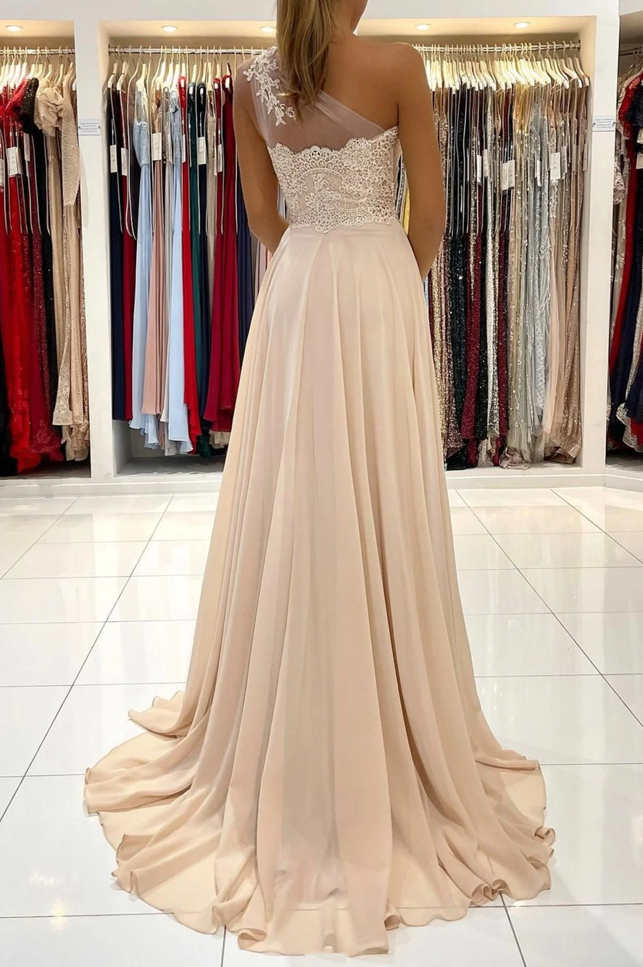 solvbao Champagne Chiffon Long Prom Dresses, One Shoulder Evening Dresses - Deanwangkt