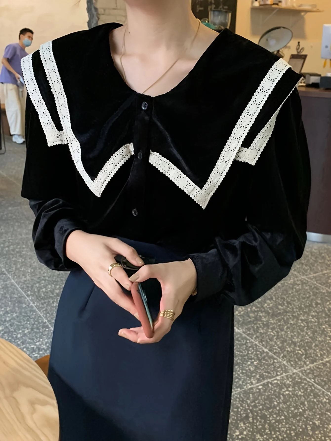 deanwangkt Contrast Lace Button Front Collar Blouse, Casual Long Sleeve Blouse For Spring & Fall, Women's Clothing - Deanwangkt