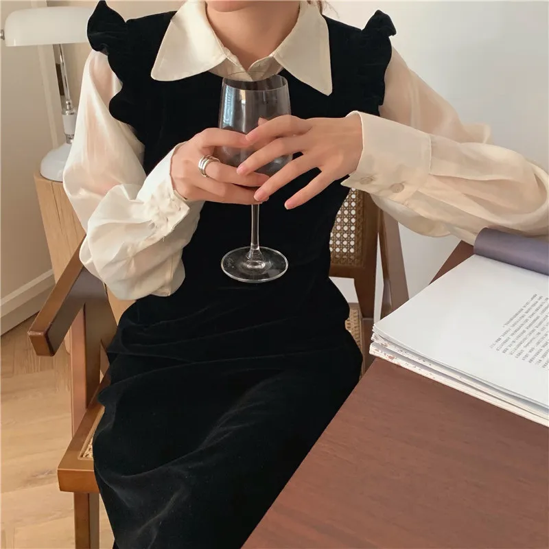 Joskka  New Women Spring Autumn Dresses Fashionable Elegant High Waist Vintage  Korean Style Velvet Sleeveless Long Dress - Deanwangkt