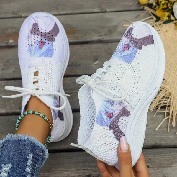 deanwangkt - White Casual Sportswear Daily Frenulum Printing Round Mesh Breathable Comfortable Out Door Shoes - Deanwangkt