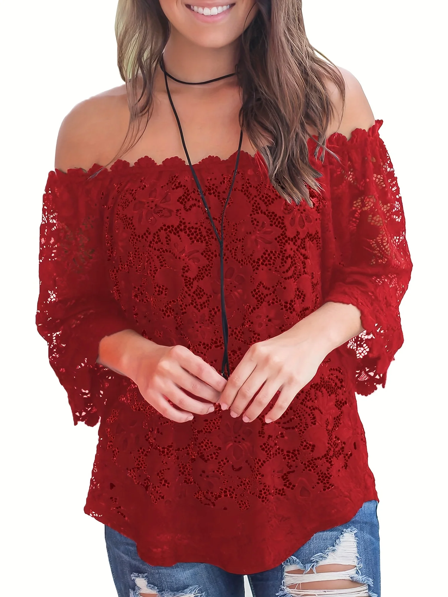 Floral Lace Off Shoulder Blouse, Elegant 3/4 Sleeve Blouse For Spring & Summer, Women's Clothing - Deanwangkt