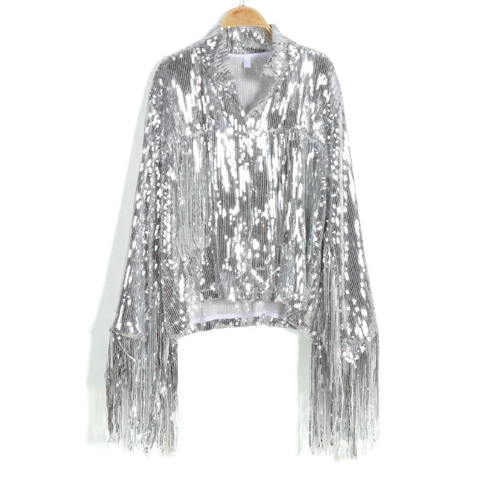 deanwangkt Performance Silver Tassel Sequin Jacket Retro Long-sleeved Silver Reflective Jacket Women Outwear Tops Sequin Coat Women's - Deanwangkt
